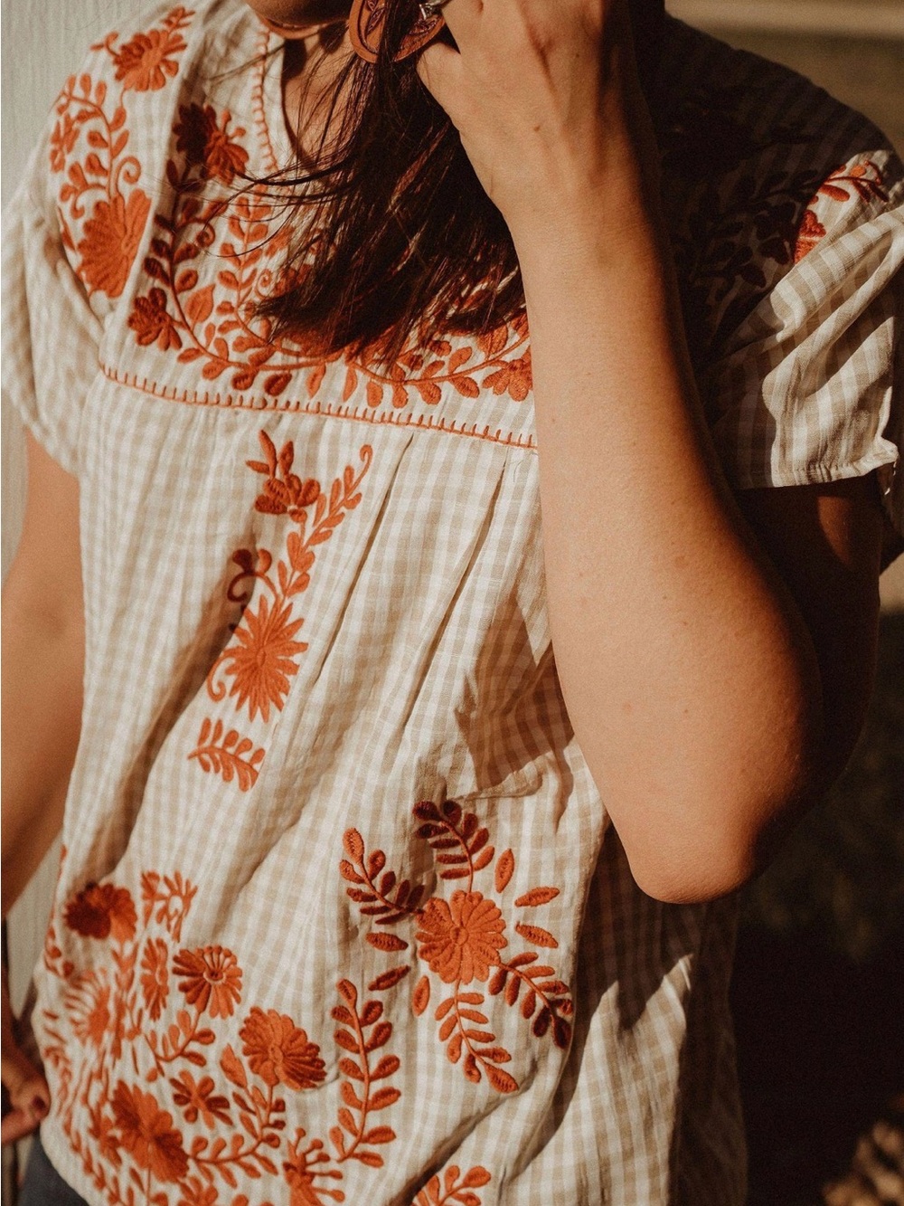Boho Gingham Embroidered Floral Peasant Top